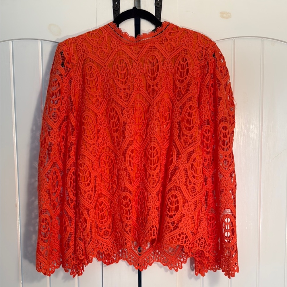 Ultra Pink Orange Lace Long Sleeve Blouse